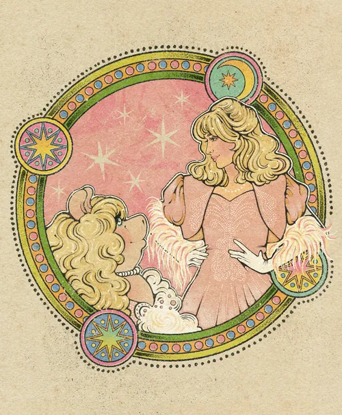 Illustration d'une femme et de Miss Piggy dans un cadre circulaire décoratif par Lydia Silver