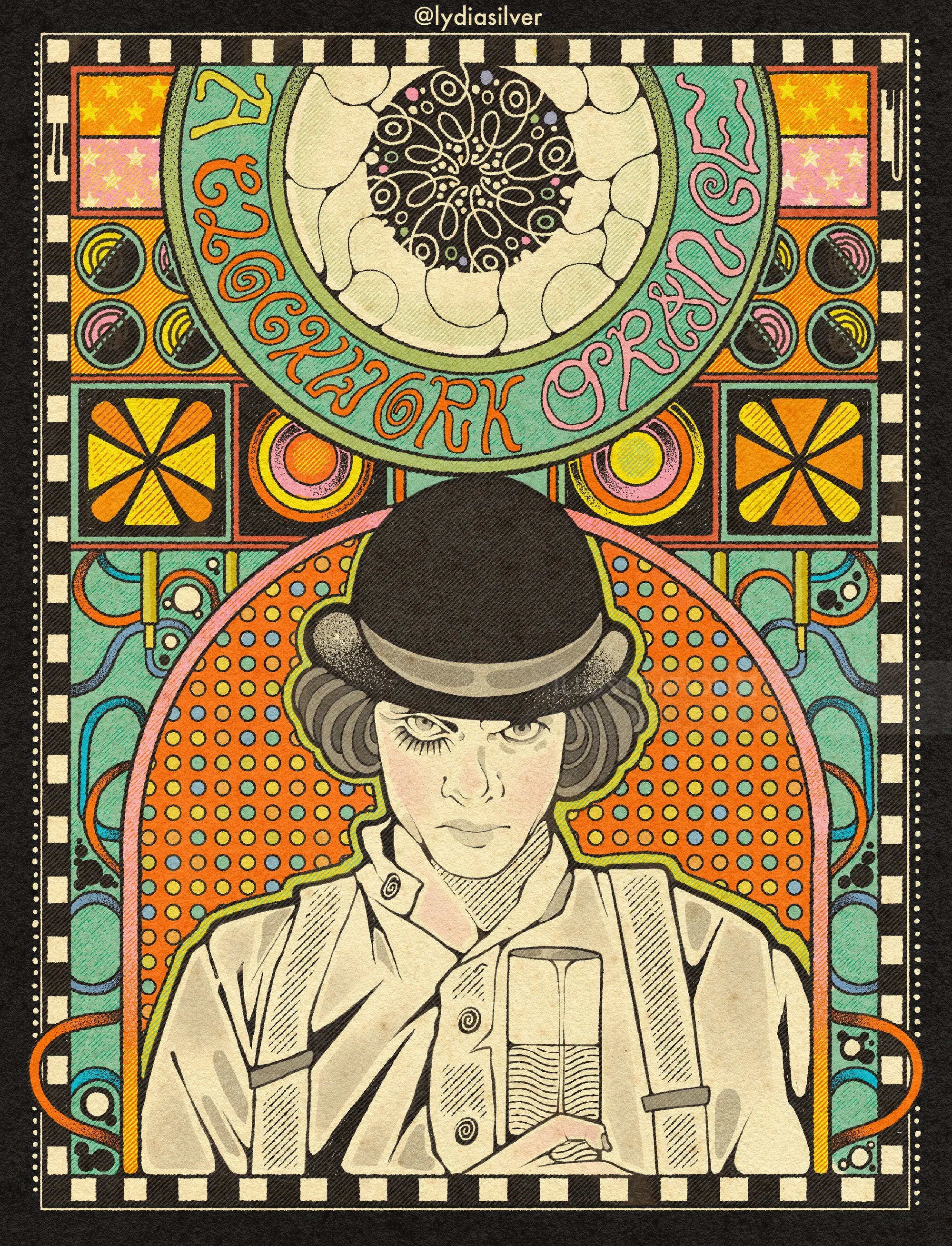 Illustration d'un homme portant un chapeau melon orné de motifs complexes orange et turquoise, par Lydia Silver.