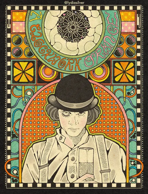Illustration d'un homme portant un chapeau melon orné de motifs complexes orange et turquoise, par Lydia Silver.