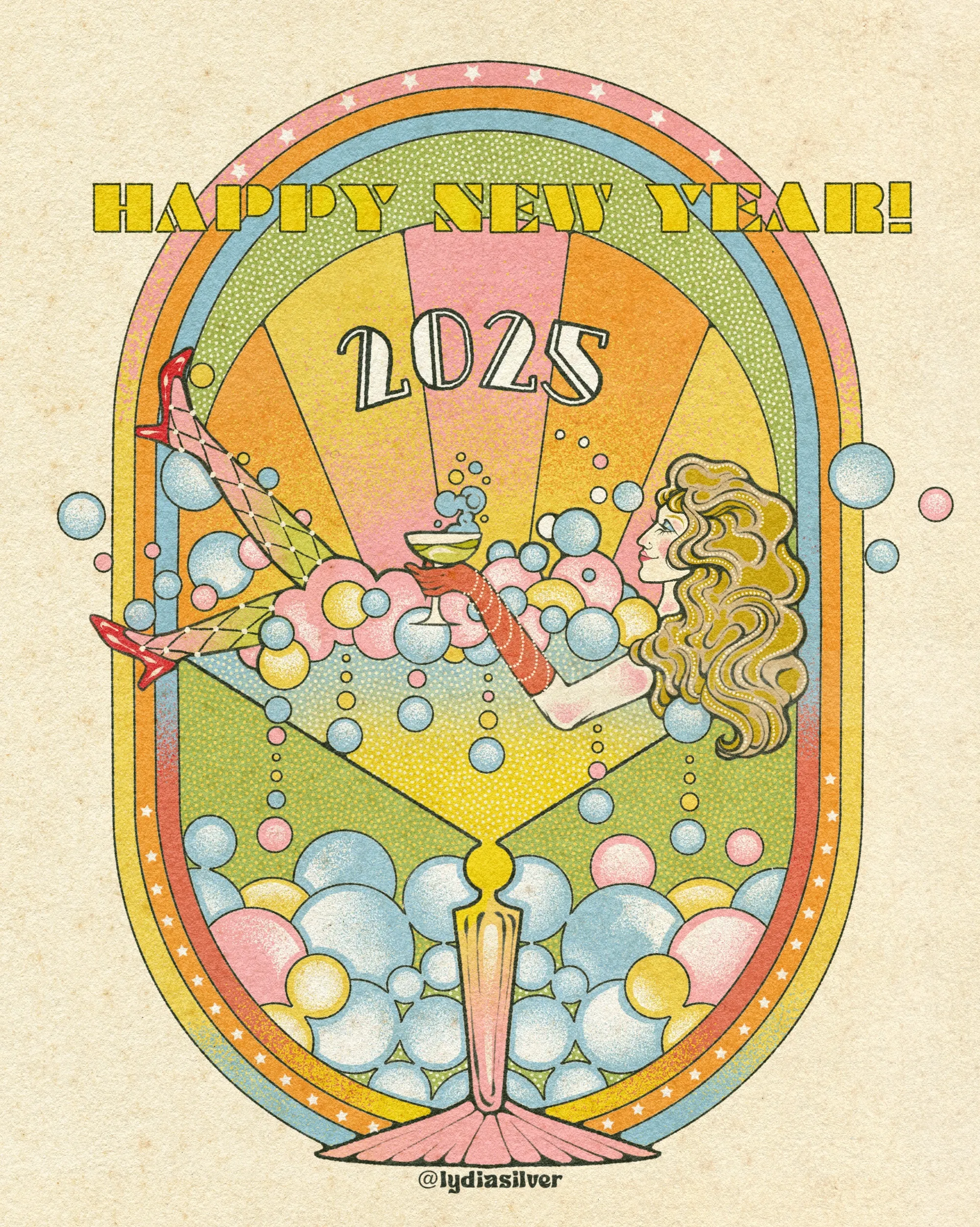 Illustration pour le Nouvel An 2023 avec une femme et des bulles, par Lydia Silver