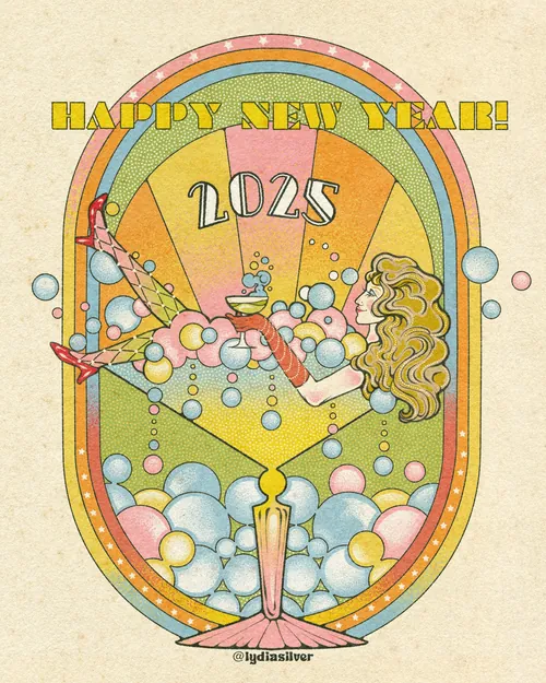 Illustration pour le Nouvel An 2023 avec une femme et des bulles, par Lydia Silver