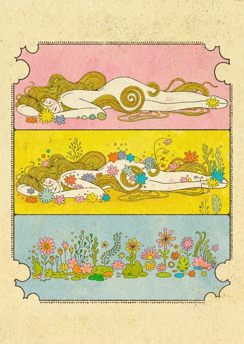 Illustration en trois panneaux d'une femme allongée entourée de fleurs par Lydia Silver
