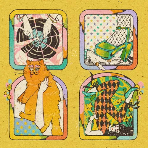Illustration pop art de Lydia Silver mettant en scène un chat, des chaussures et des motifs géométriques