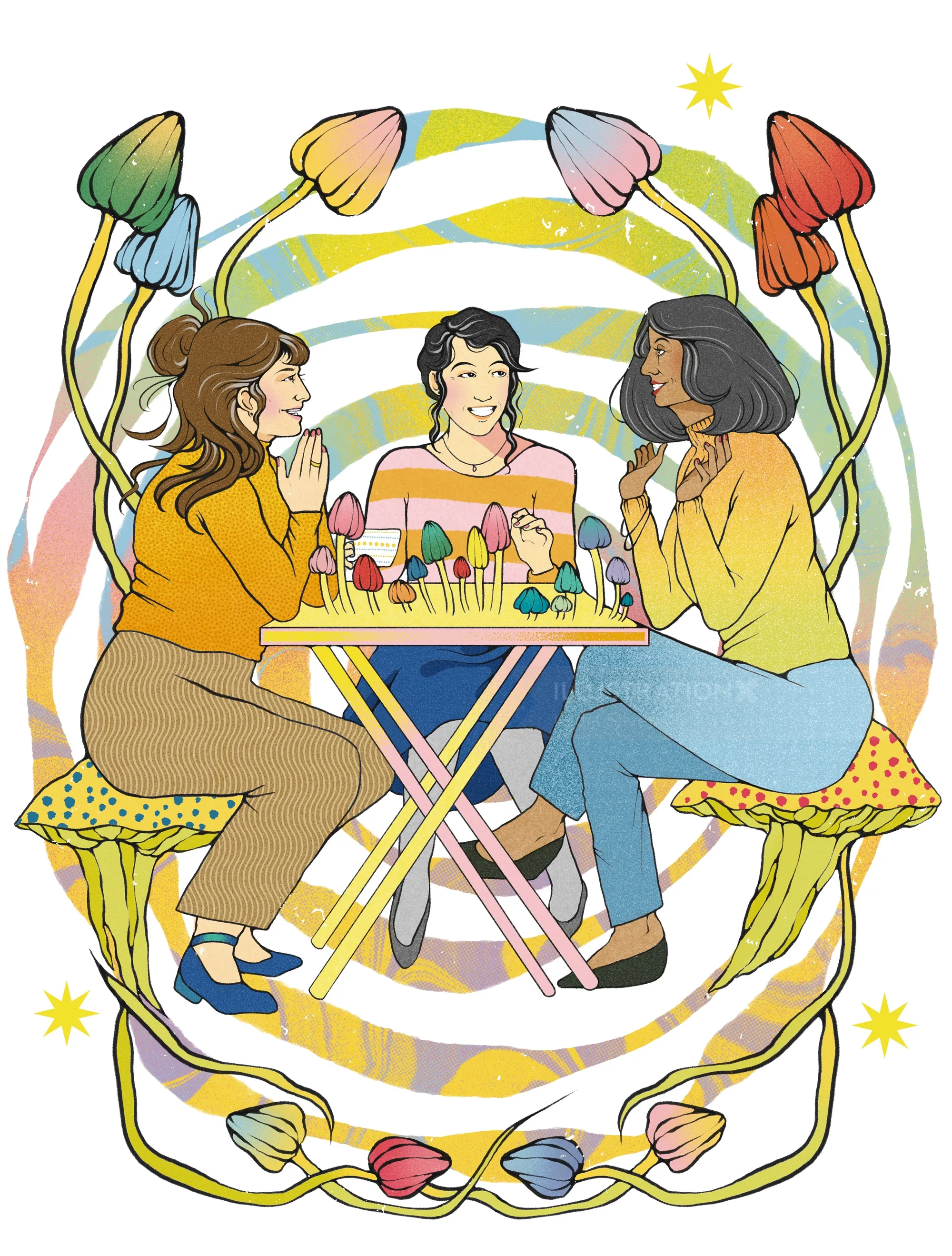 Trois femmes assises à une table entourées de champignons hallucinogènes, par Lydia Silver