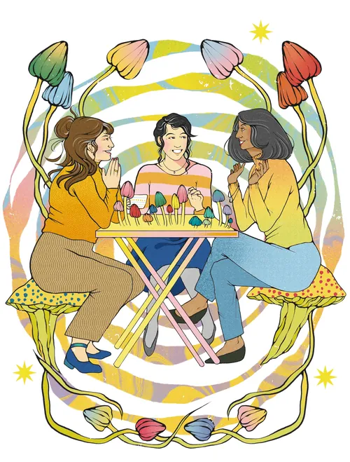 Trois femmes assises à une table entourées de champignons hallucinogènes, par Lydia Silver