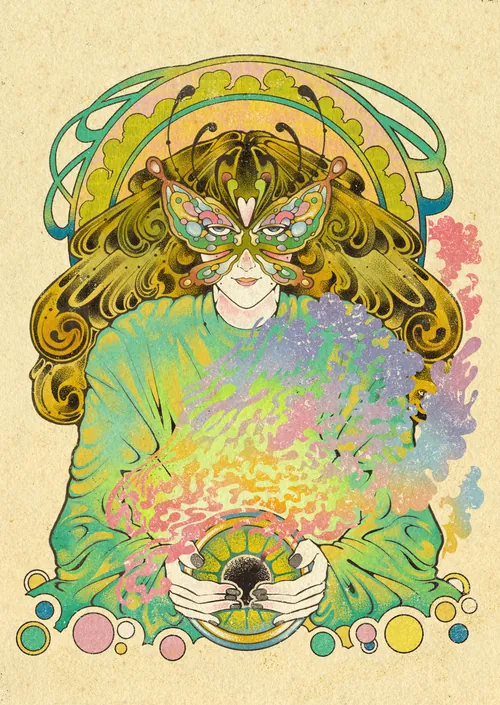 Œuvre psychédélique de Lydia Silver représentant une femme portant un masque de papillon et tenant un orbe radieux