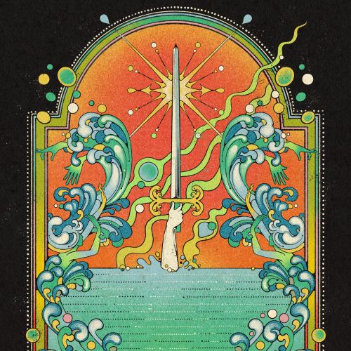Lydia Silver artwork of sword Excalibur rising from water, waves and glowing star