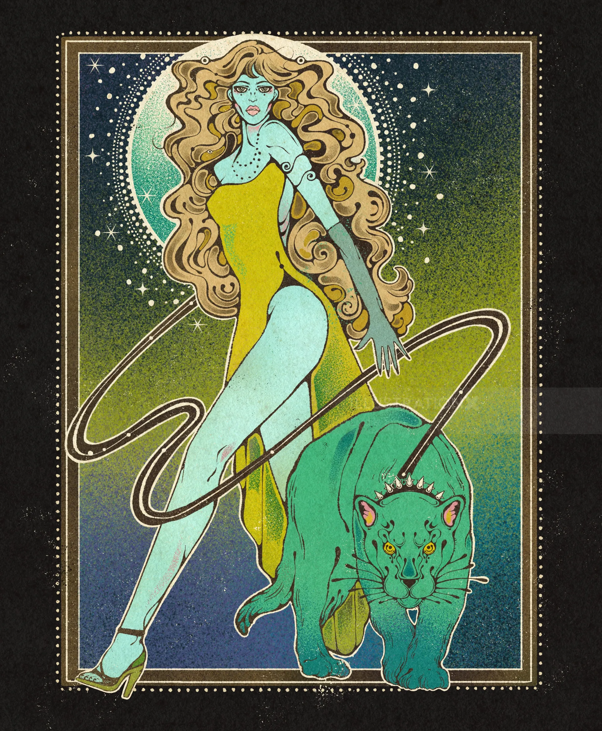 Illustration of woman with long hair and blue panther, by Lydia Silver