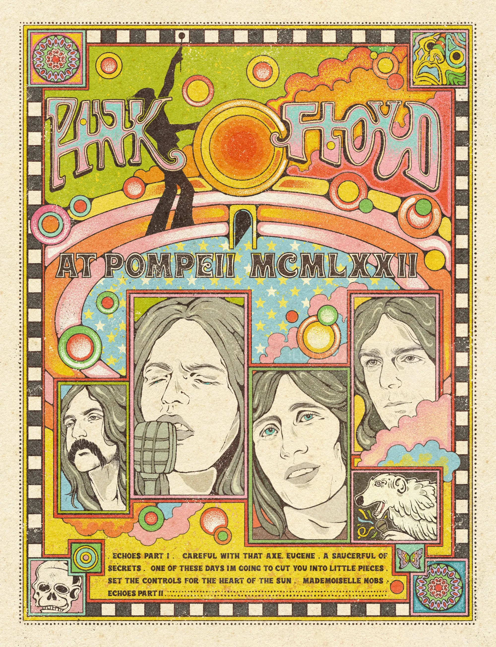 Illustrated Pink Floyd band members in colorful 1970s style poster by Lydia Silver
