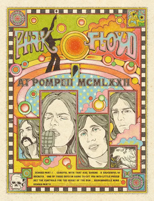 Affiche illustrée des membres du groupe Pink Floyd dans le style coloré des années 1970, par Lydia Silver