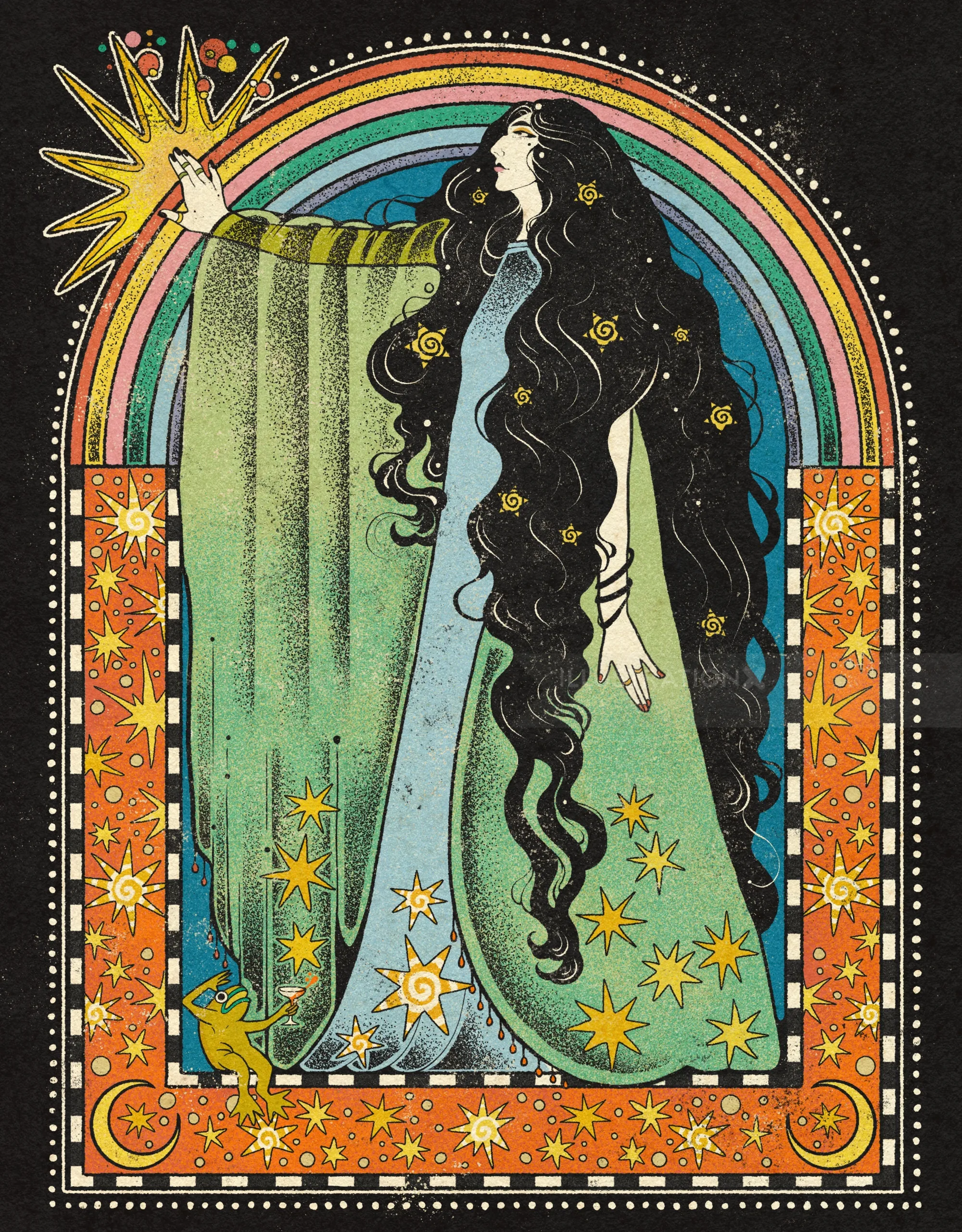 Illustration d'une femme aux longs cheveux noirs tendant la main vers une étoile, par Lydia Silver