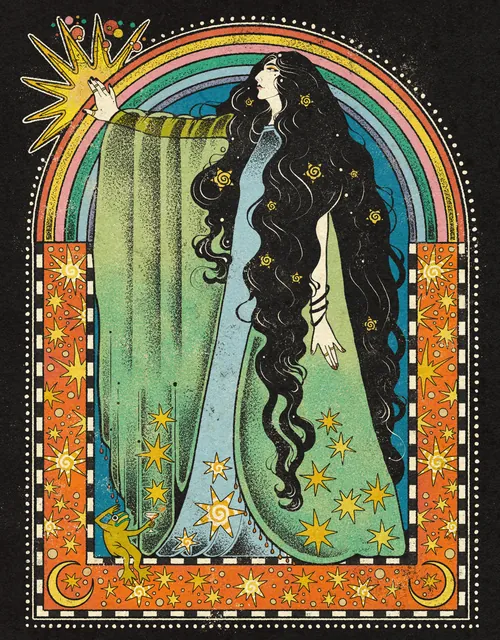 Illustration d'une femme aux longs cheveux noirs tendant la main vers une étoile, par Lydia Silver