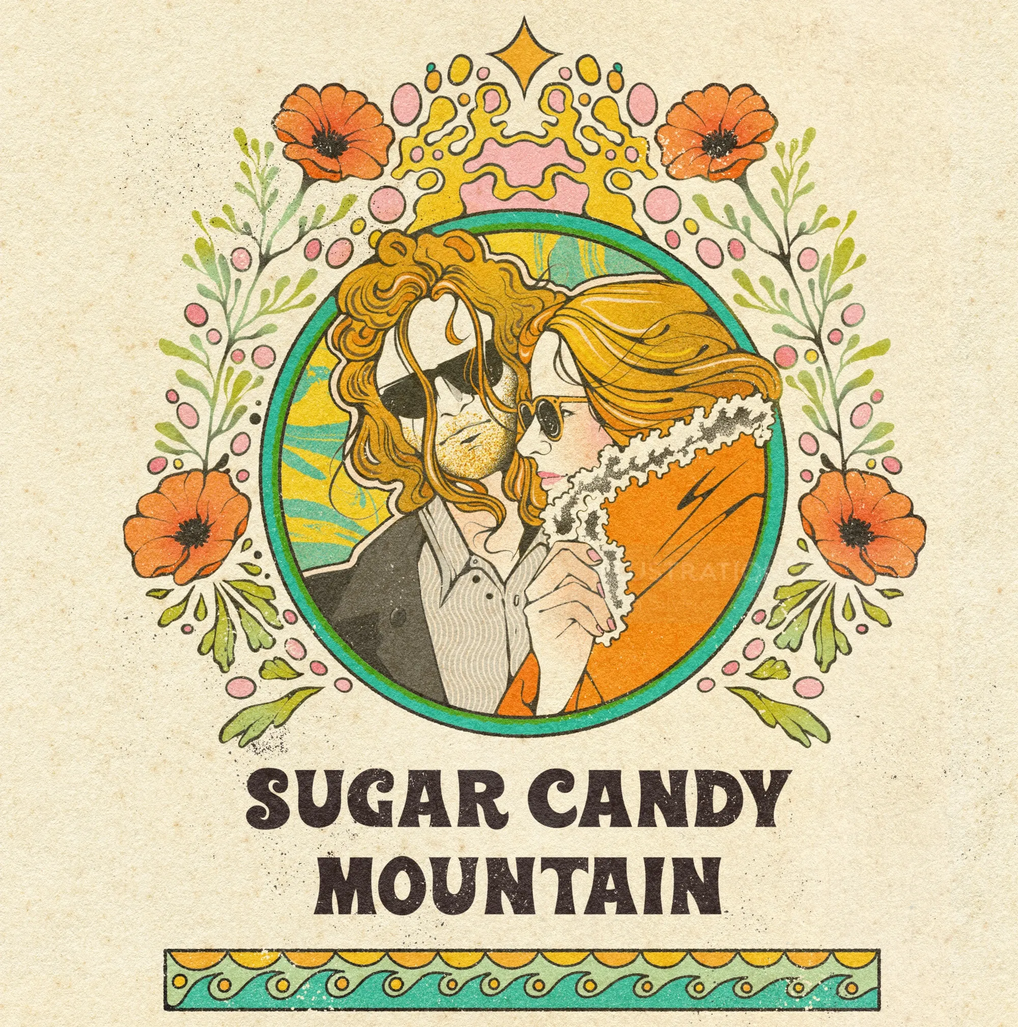 Illustration d'un couple entouré de fleurs pour les produits dérivés de Sugar Candy Mountain par Lydia Silver
