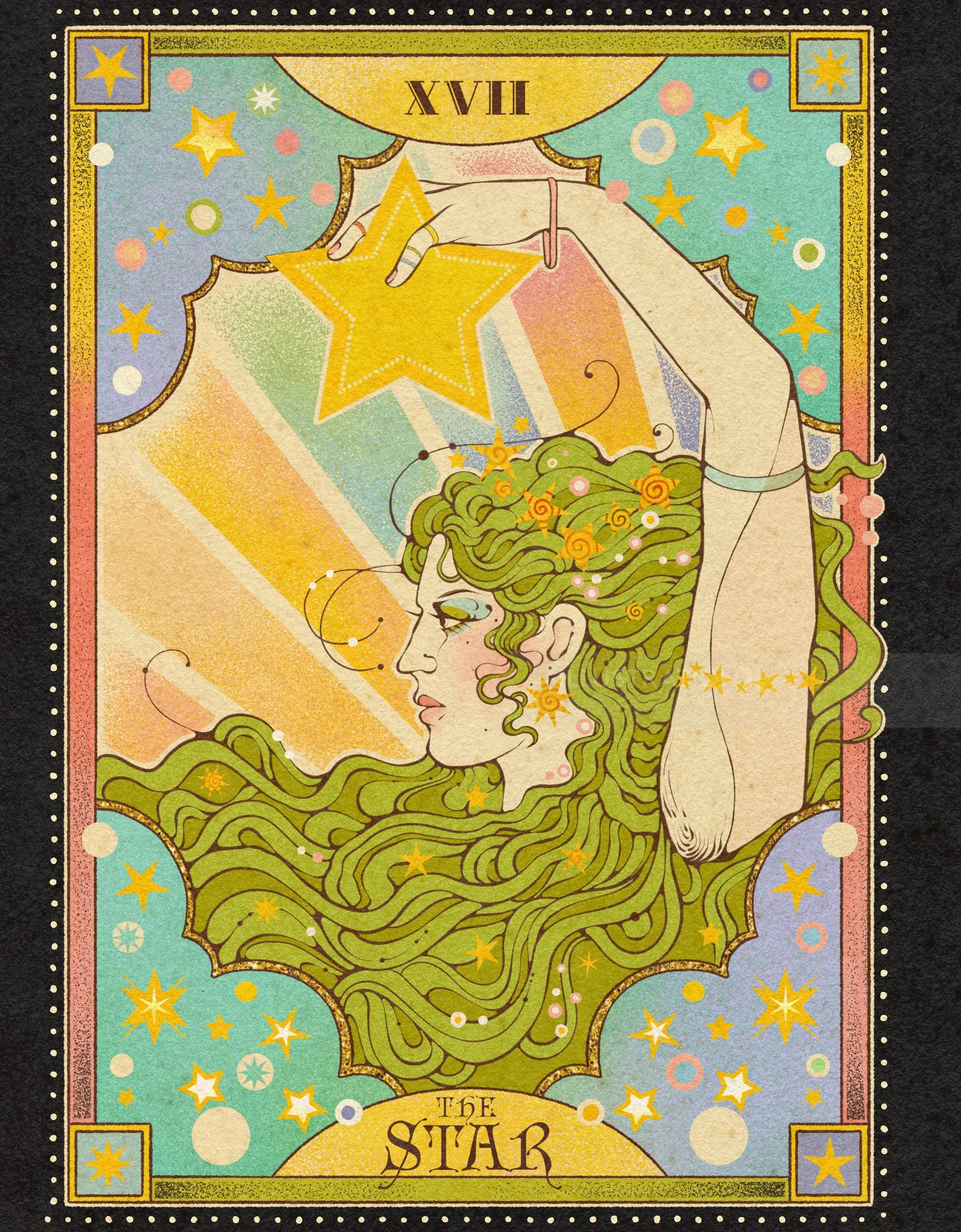 Illustration de la carte de tarot L'Étoile par Lydia Silver, représentant une femme et des étoiles.