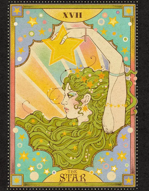 Illustration de la carte de tarot L'Étoile par Lydia Silver, représentant une femme et des étoiles.
