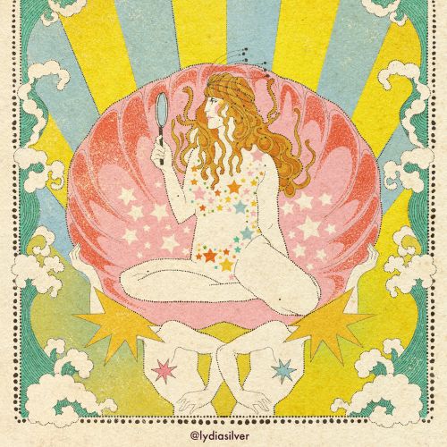 Illustration of a woman seated in a shell, holding a mirror, surrounded by stars by Lydia Silver