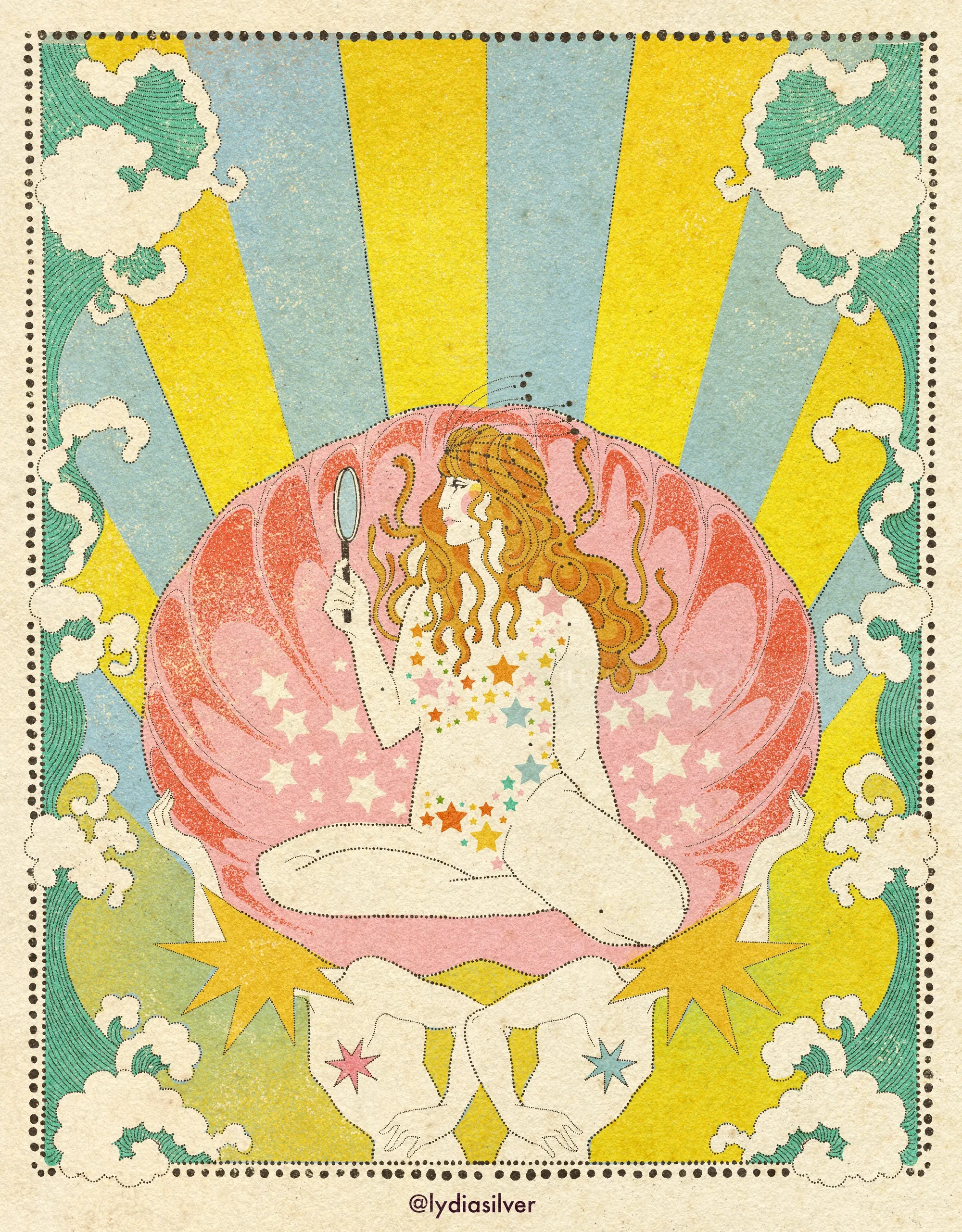 Illustration d'une femme assise dans un coquillage, tenant un miroir, entourée d'étoiles, par Lydia Silver