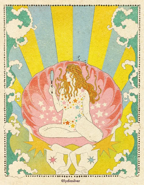 Illustration d'une femme assise dans un coquillage, tenant un miroir, entourée d'étoiles, par Lydia Silver