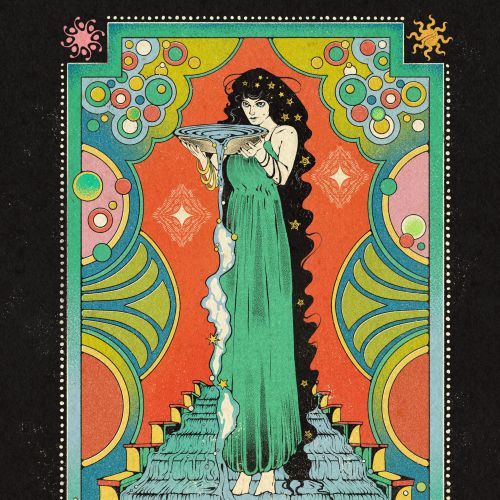 Woman in green dress holding a bowl on colorful stairs by Lydia Silver