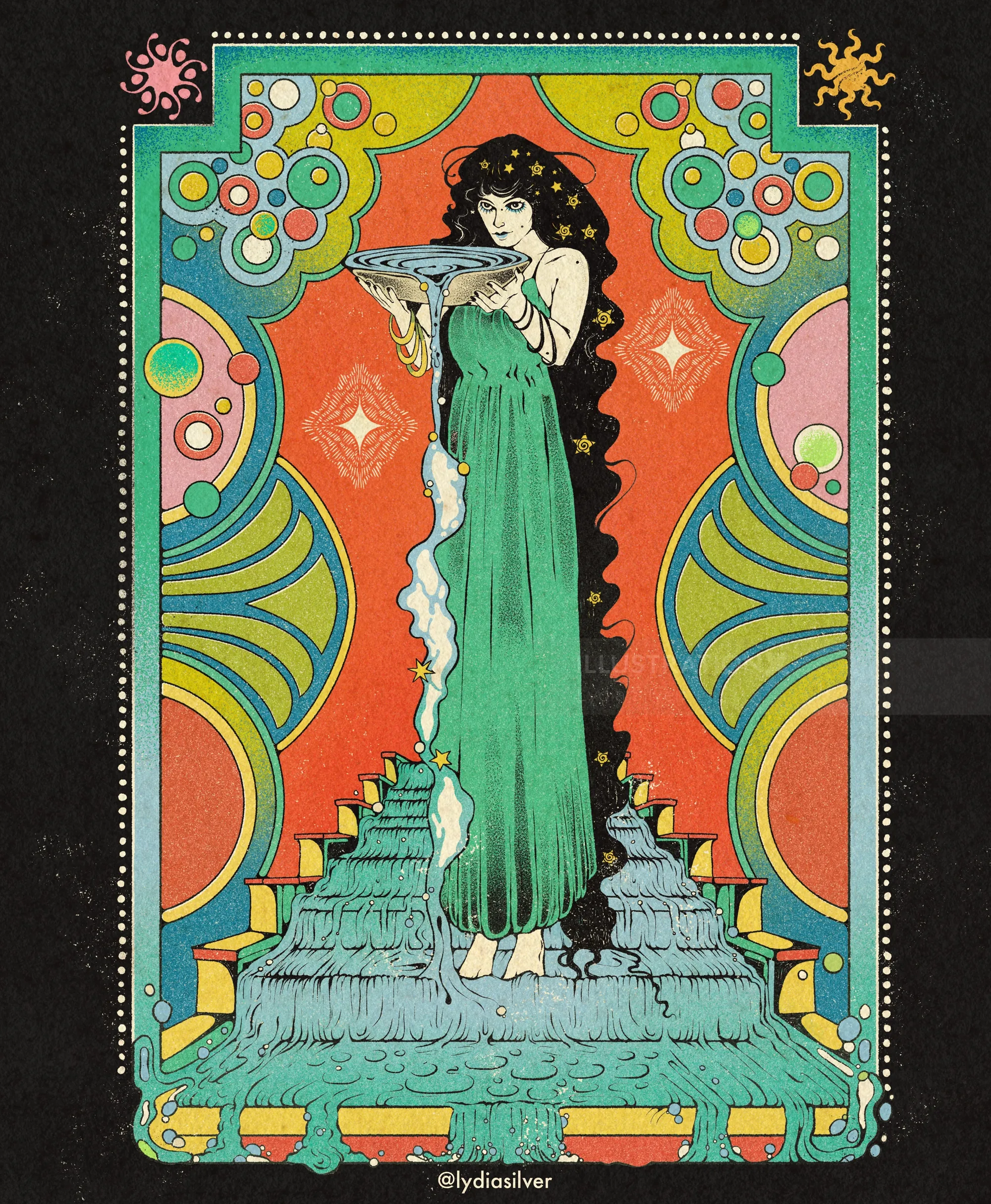 Femme en robe verte tenant un bol sur des escaliers colorés, par Lydia Silver