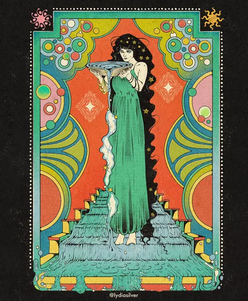 Femme en robe verte tenant un bol sur des escaliers colorés, par Lydia Silver
