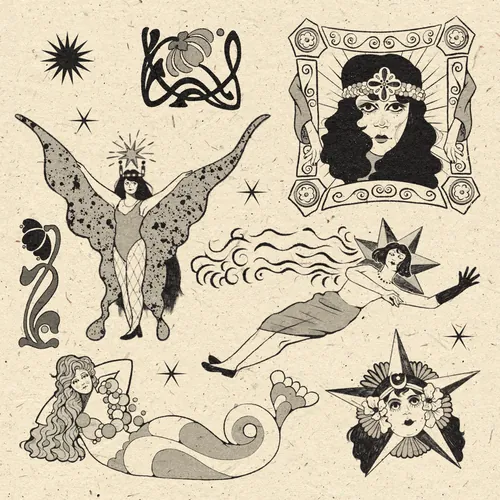 Planche de modèles de tatouages ​​inspirée des figures et des étoiles des années 1910, par Lydia Silver
