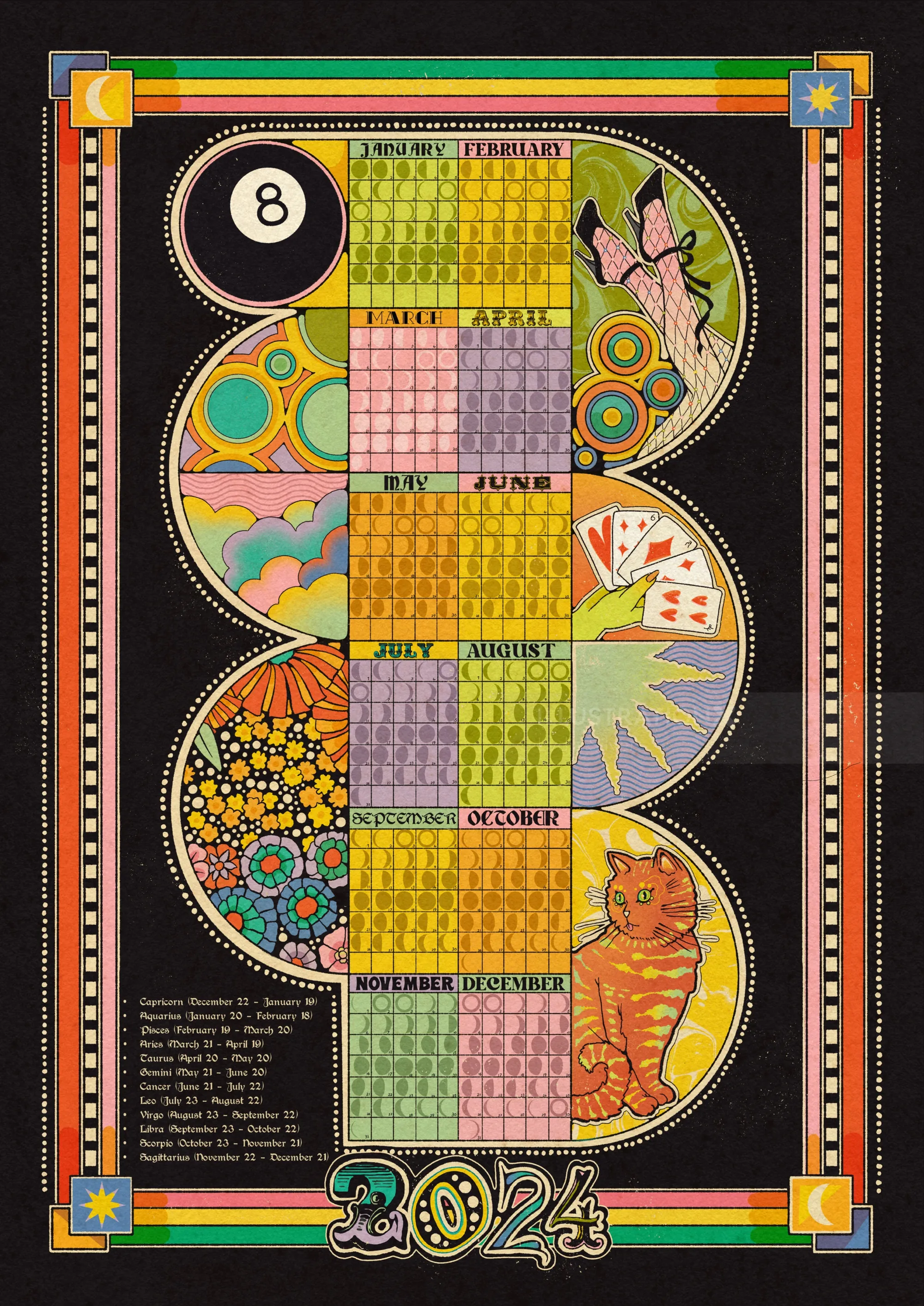 Illustrations du calendrier 2024 avec des motifs colorés, un chat, un oiseau et des formes géométriques, par Lydia Silver.