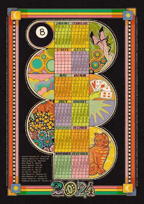 Illustrations du calendrier 2024 avec des motifs colorés, un chat, un oiseau et des formes géométriques, par Lydia Silver.