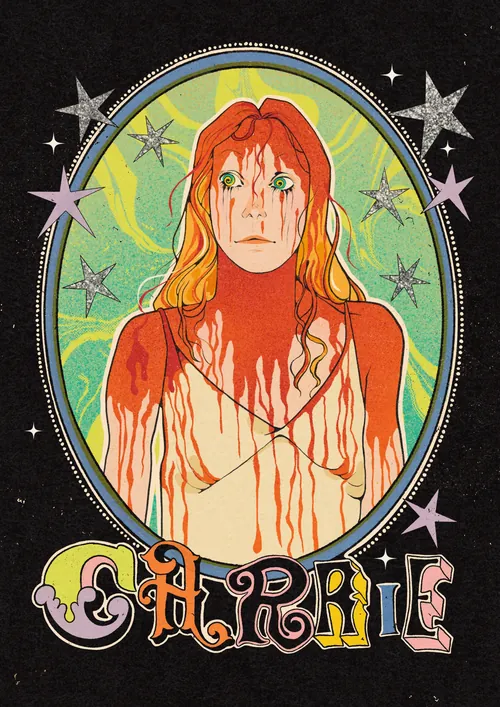 Illustration d'une femme ensanglantée aux cheveux roux et aux larmes vertes, encadrée d'étoiles, par Lydia Silver