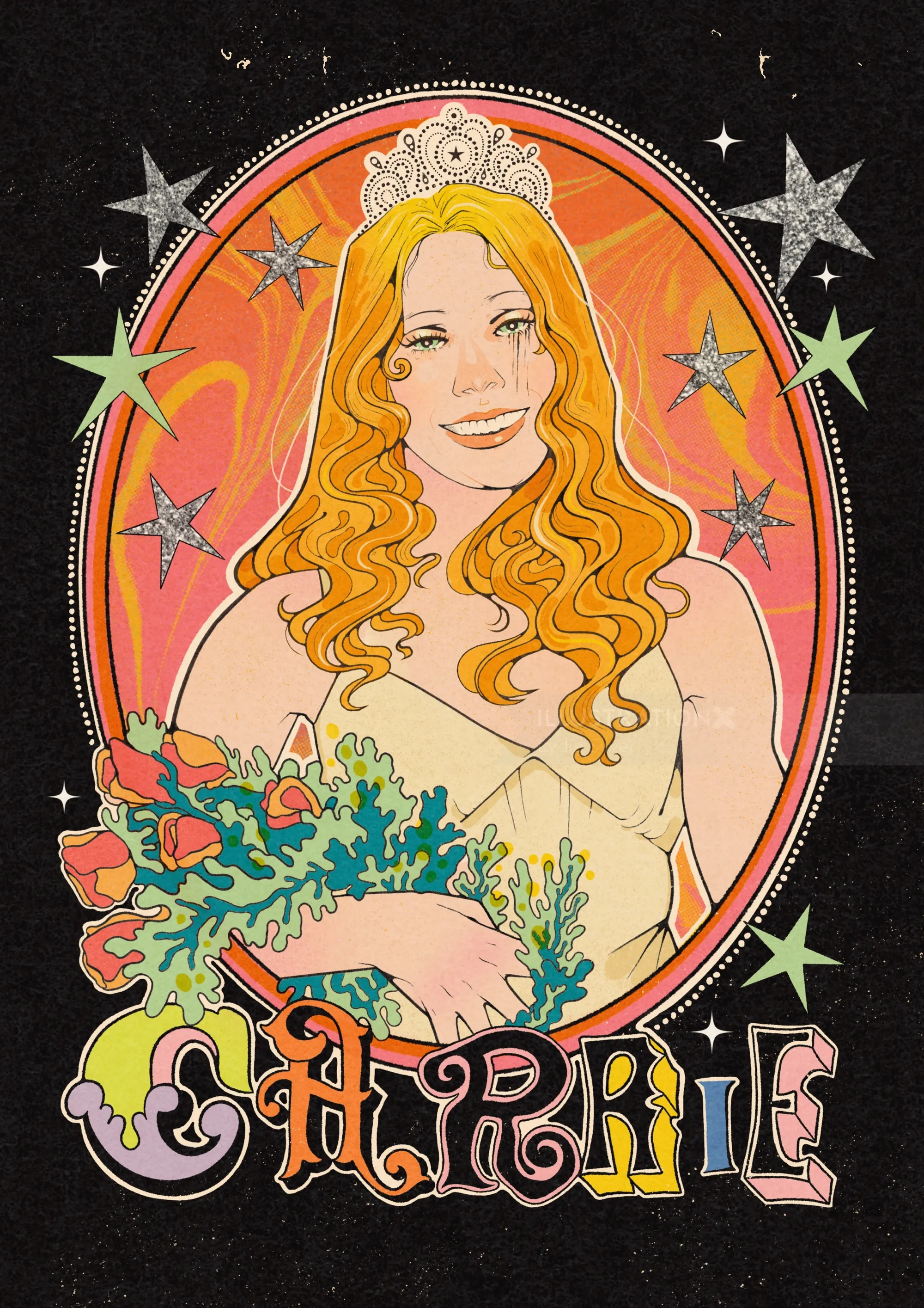 Illustration de Sissy Spacek dans le rôle de Carrie, ornée de fleurs et d'étoiles, par Lydia Silver.