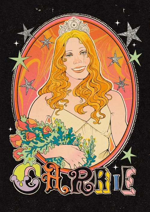Illustration de Sissy Spacek dans le rôle de Carrie, ornée de fleurs et d'étoiles, par Lydia Silver.
