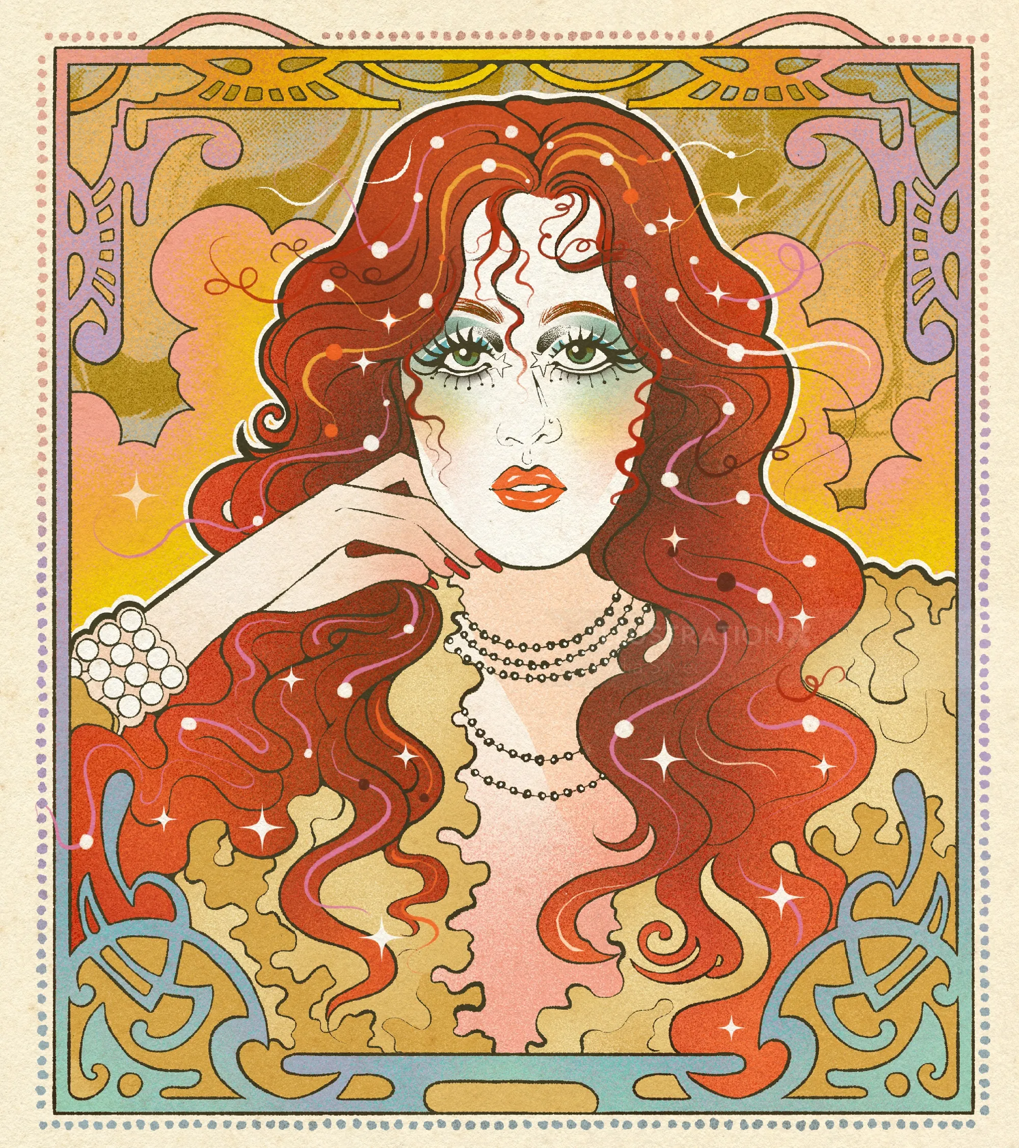 Portrait illustré de Chappell Roan aux longs cheveux roux par Lydia Silver
