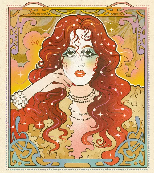 Portrait illustré de Chappell Roan aux longs cheveux roux par Lydia Silver