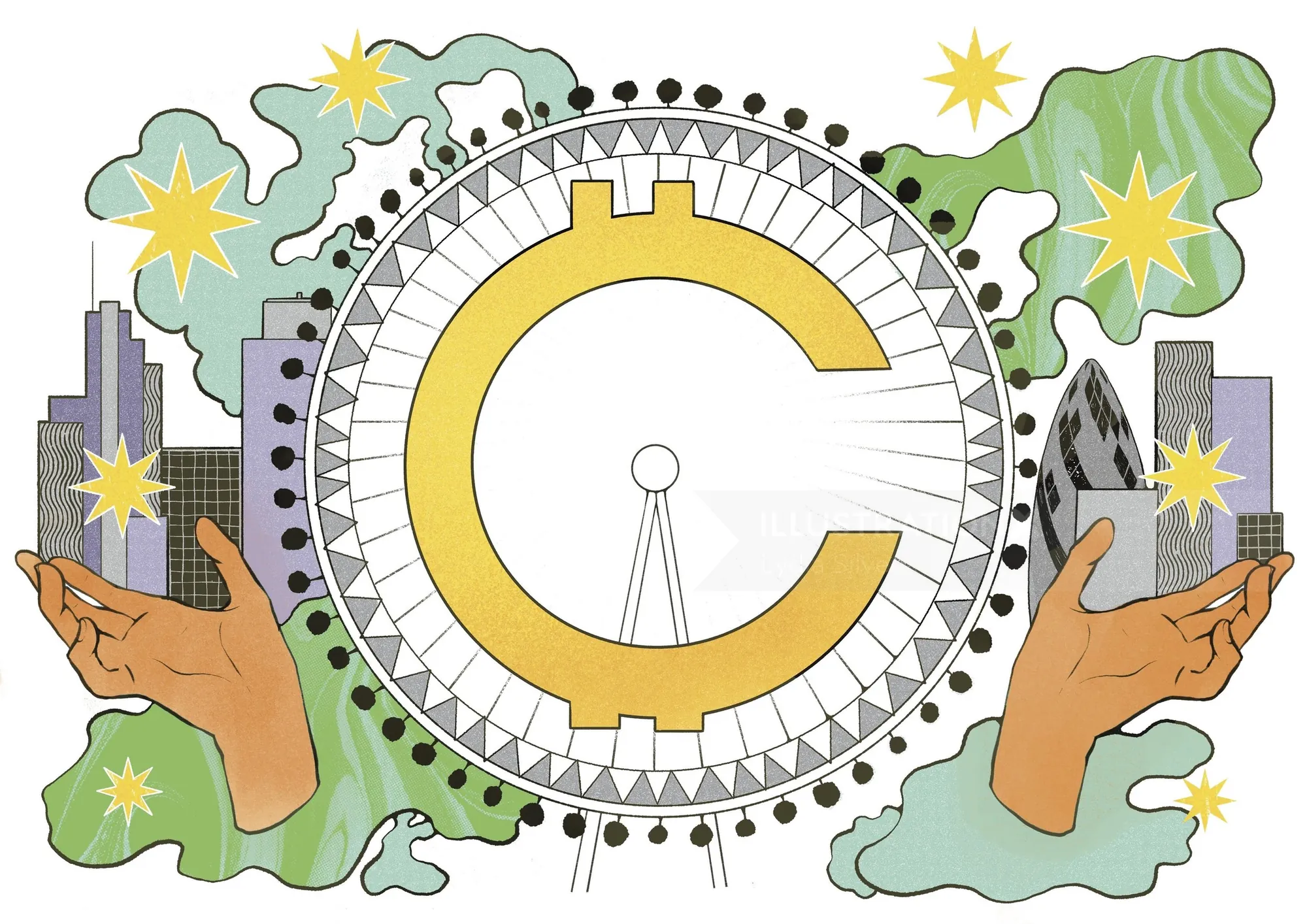 Illustration éditoriale de cryptomonnaie représentant un paysage urbain et des mains, par Lydia Silver