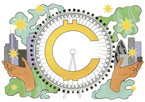 Illustration éditoriale de cryptomonnaie représentant un paysage urbain et des mains, par Lydia Silver