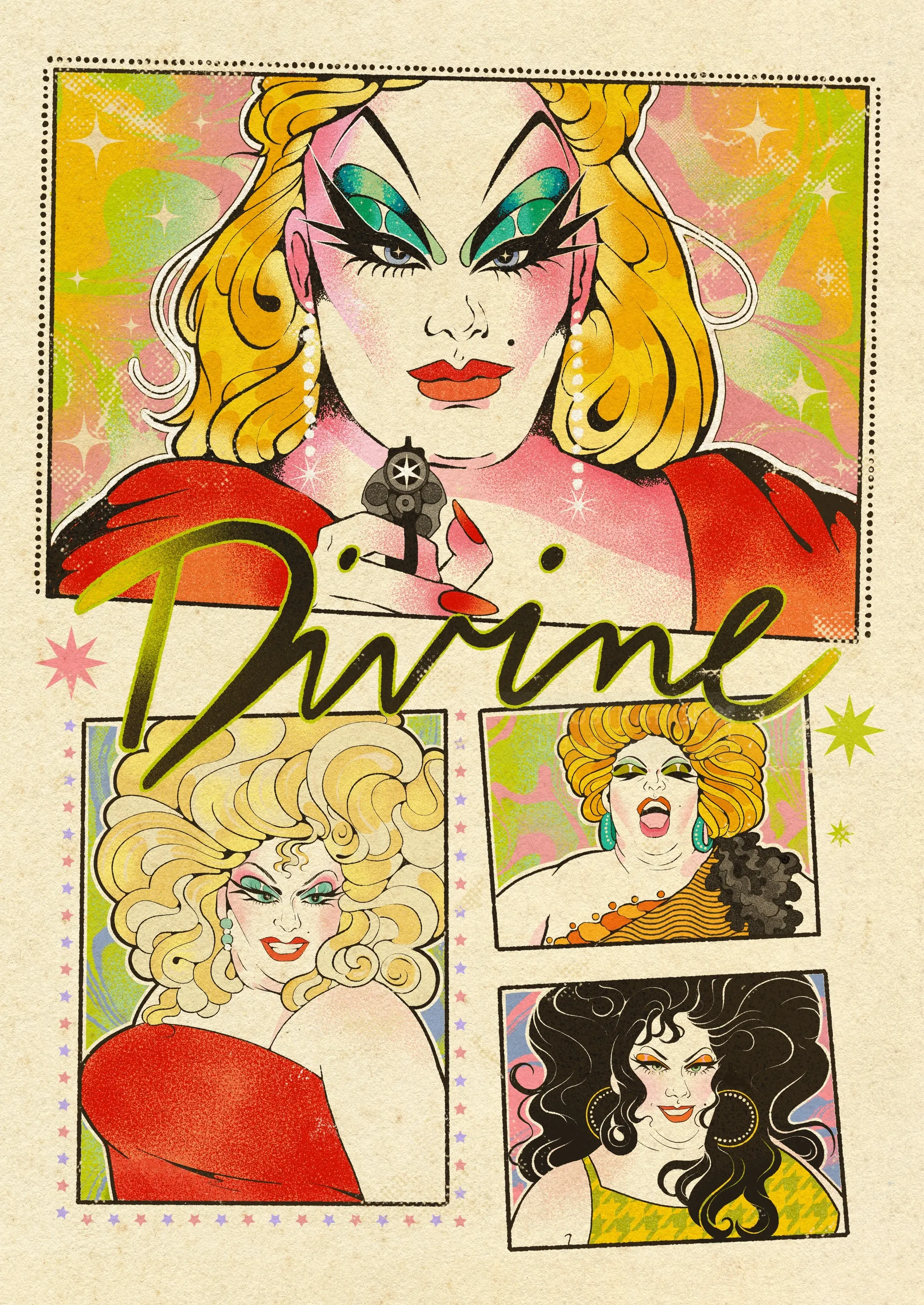 Portrait illustré et coloré de la drag queen Divine par Lydia Silver