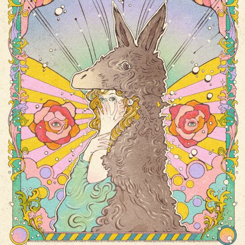 Illustration of woman wearing donkey skin costume, framed by colorful flowers and rays by Lydia Silv