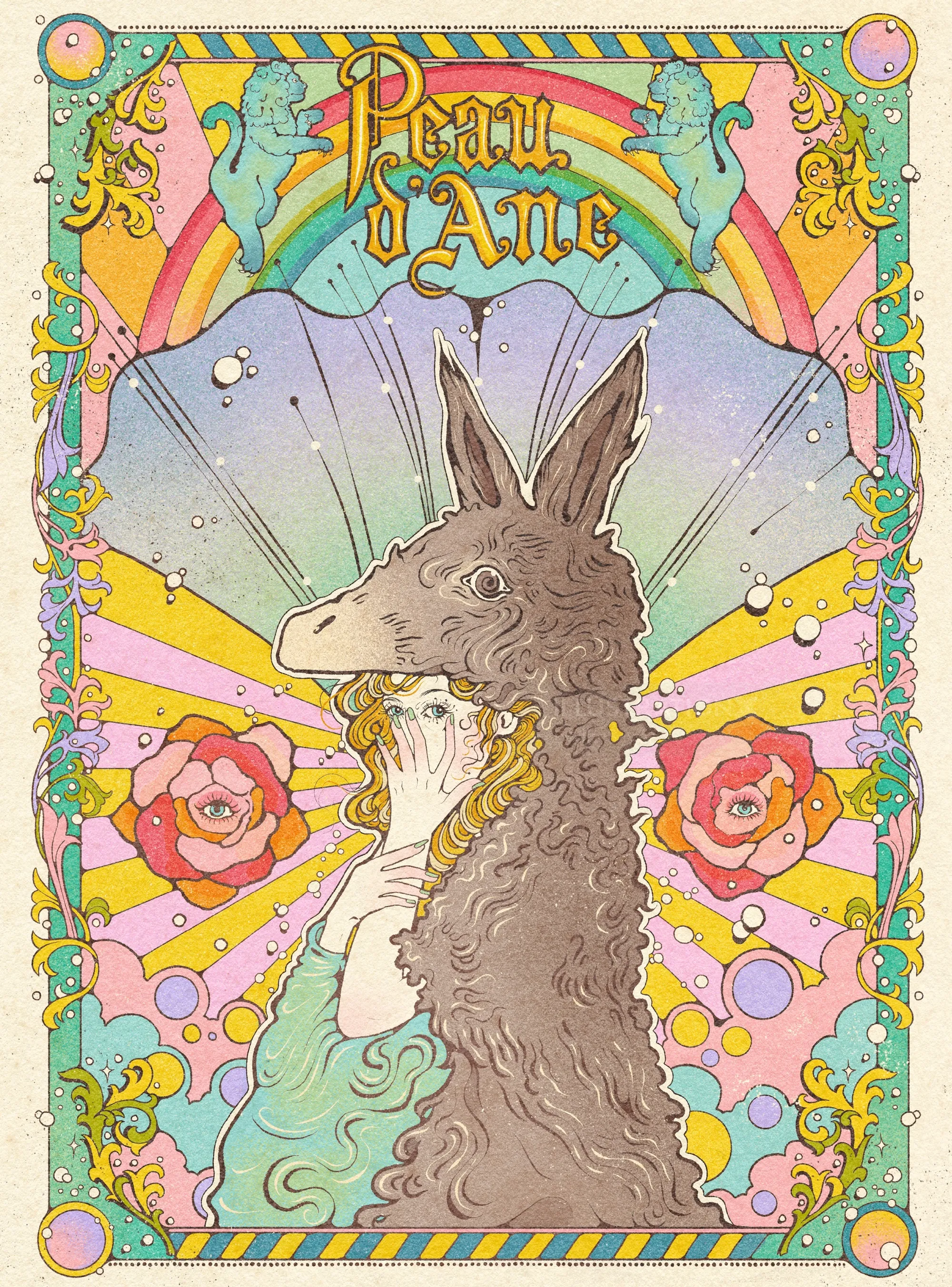 Illustration of woman wearing donkey skin costume, framed by colorful flowers and rays by Lydia Silv