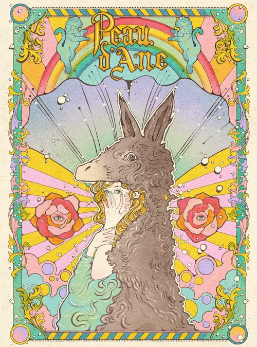 Illustration d'une femme portant un costume en peau d'âne, encadrée de fleurs colorées et de rayons par Lydia Silv
