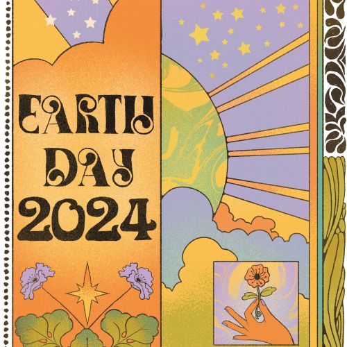 Earth Day 2024 artwork with sun, stars, and hand holding flower by Lydia Silver