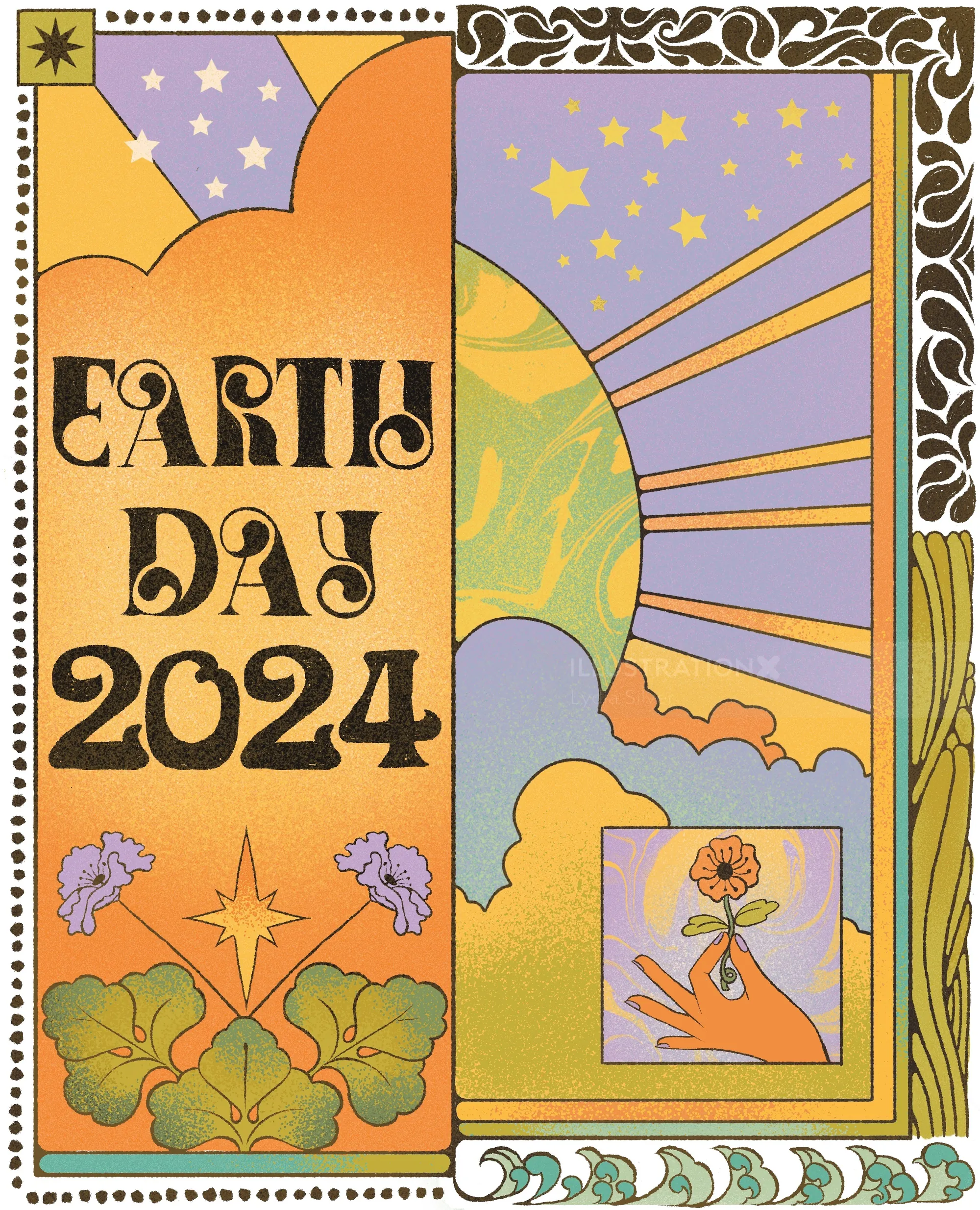 Œuvre d'art pour la Journée de la Terre 2024, représentant un soleil, des étoiles et une main tenant une fleur, par Lydia Silver