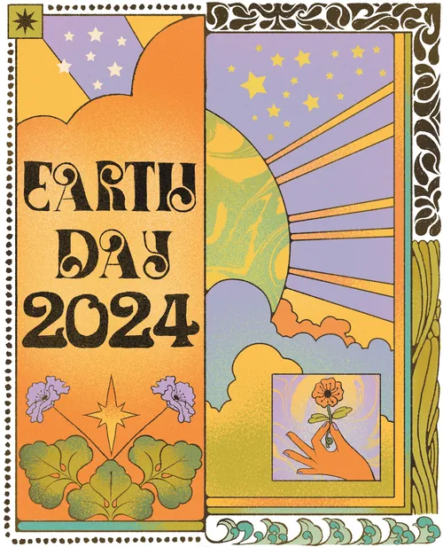 Œuvre d'art pour la Journée de la Terre 2024, représentant un soleil, des étoiles et une main tenant une fleur, par Lydia Silver