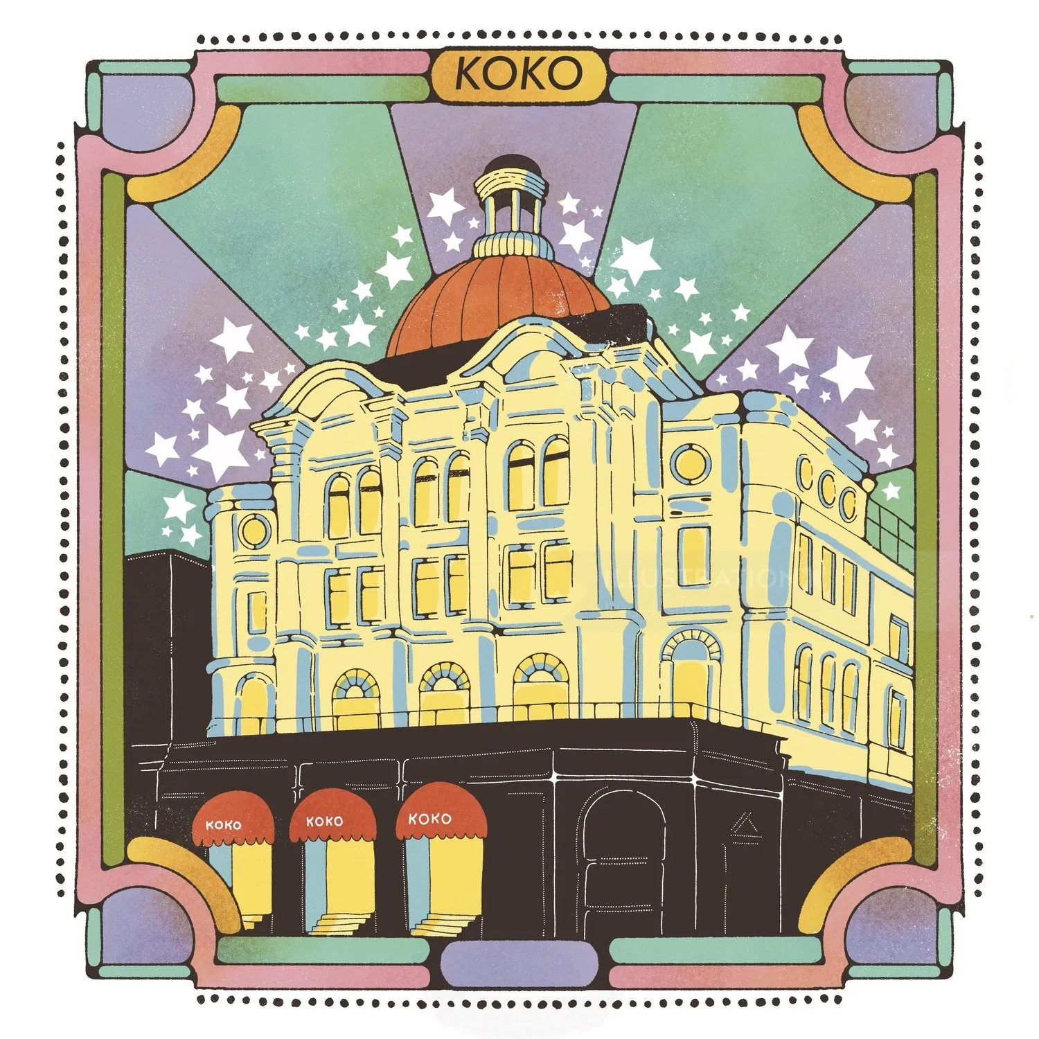 Illustration du théâtre Koko avec un fond coloré en forme d'étoile par Lydia Silver