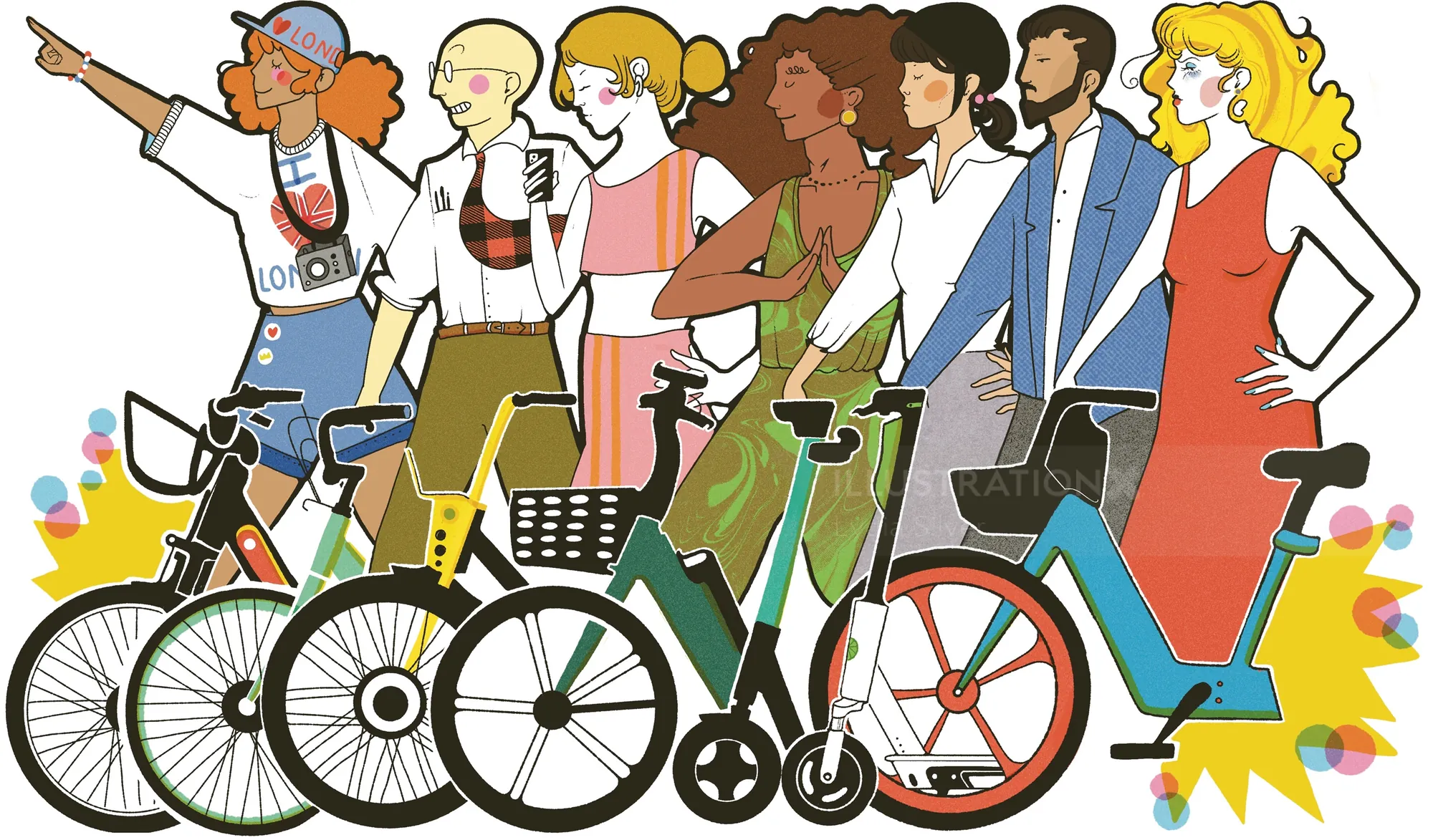 Seven diverse people with different bikes representing London bike personality types by Lydia Silver
