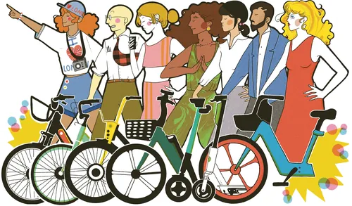 Sept personnes aux profils variés, chacune avec son vélo, représentant différents types de personnalités cyclistes londoniennes, par Lydia Silver