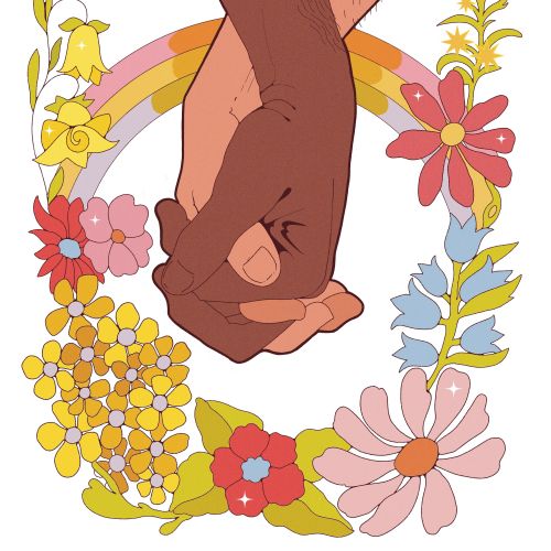 Illustration of two hands holding surrounded by colorful flowers, by Lydia Silver