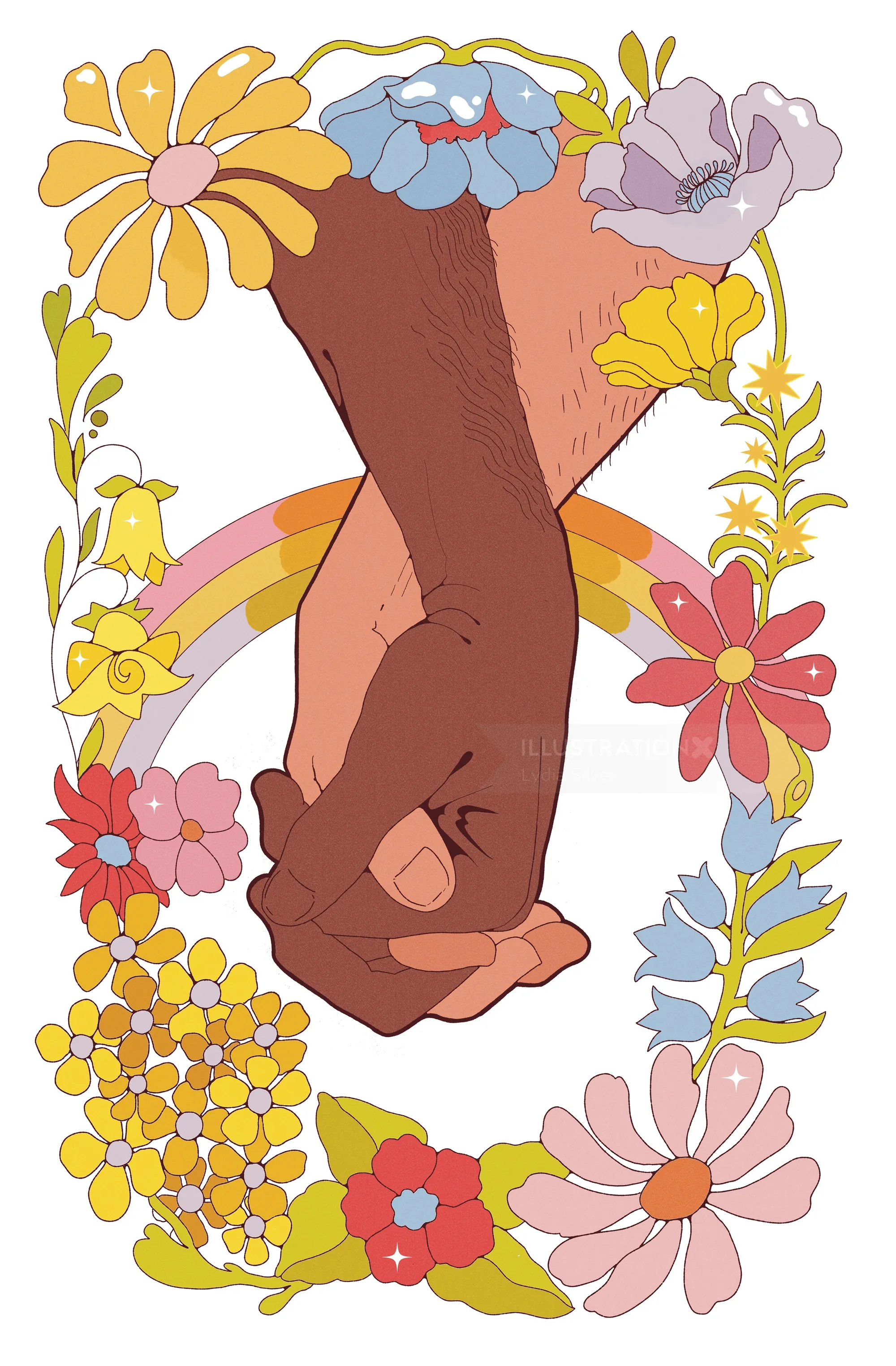 Illustration de deux mains se tenant entourées de fleurs colorées, par Lydia Silver