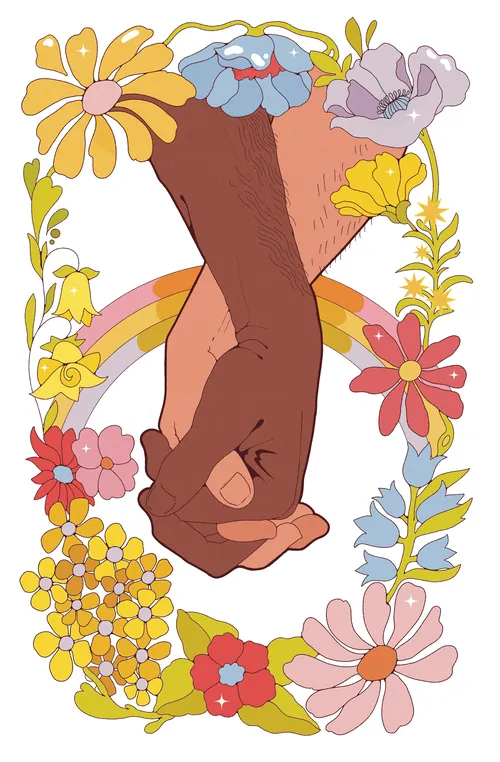 Illustration de deux mains se tenant entourées de fleurs colorées, par Lydia Silver