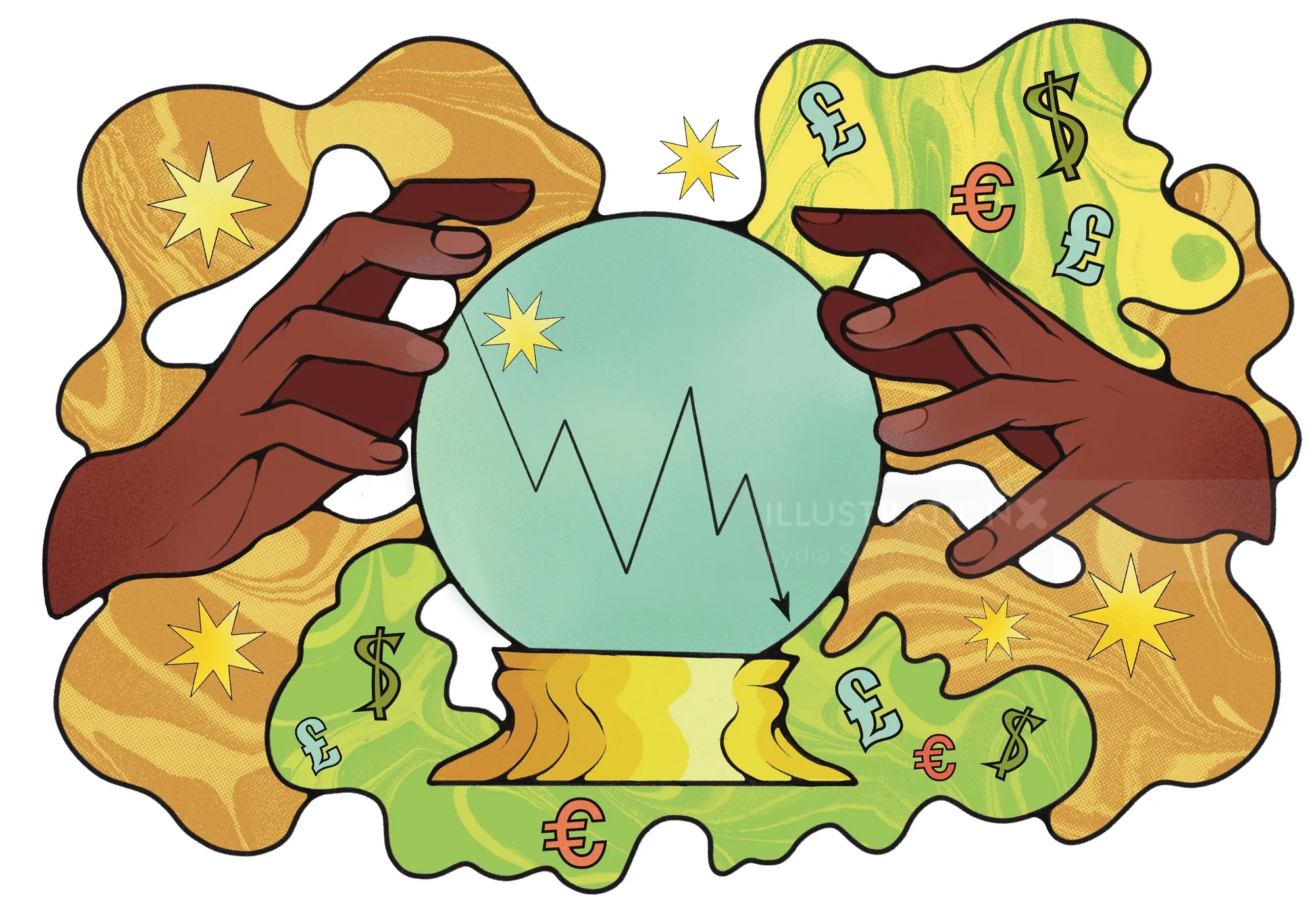 Diseuse de bonne aventure tenant une boule de cristal ornée de symboles monétaires, illustration de Lydia Silver