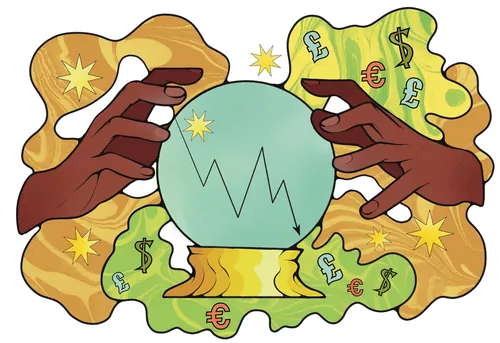Diseuse de bonne aventure tenant une boule de cristal ornée de symboles monétaires, illustration de Lydia Silver